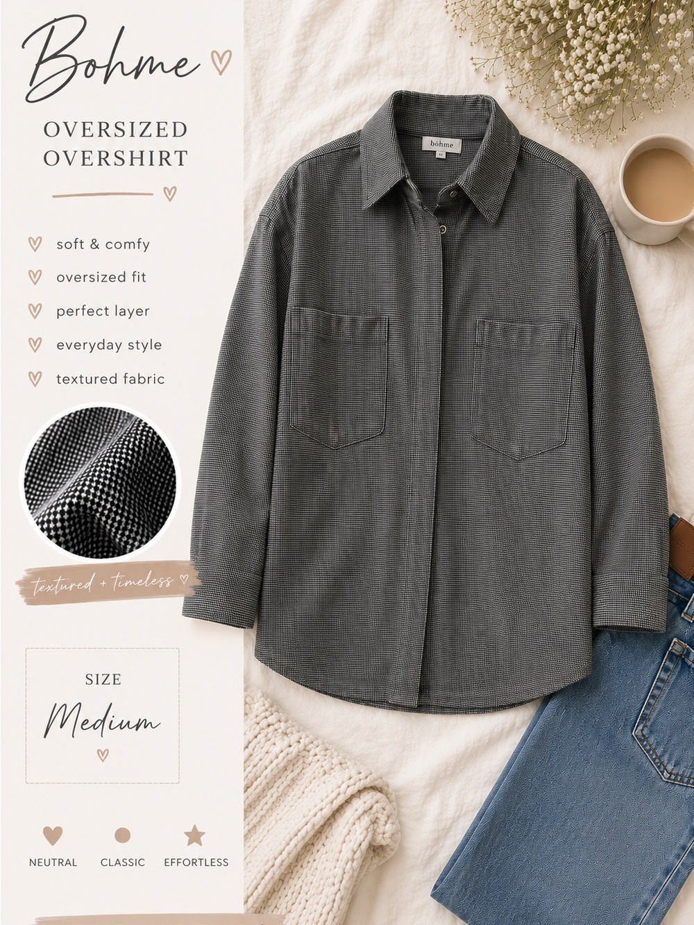 bohme Houndstooth Textured Shirt Jacket - Black & White Medium